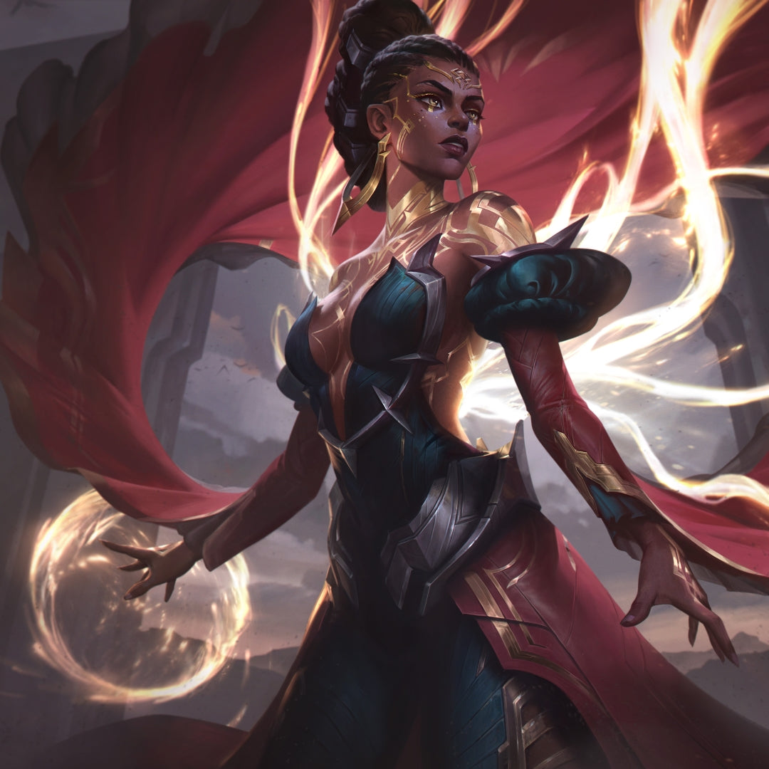 Mel de League of Legends en armure rouge et or avec une énergie éclatante.