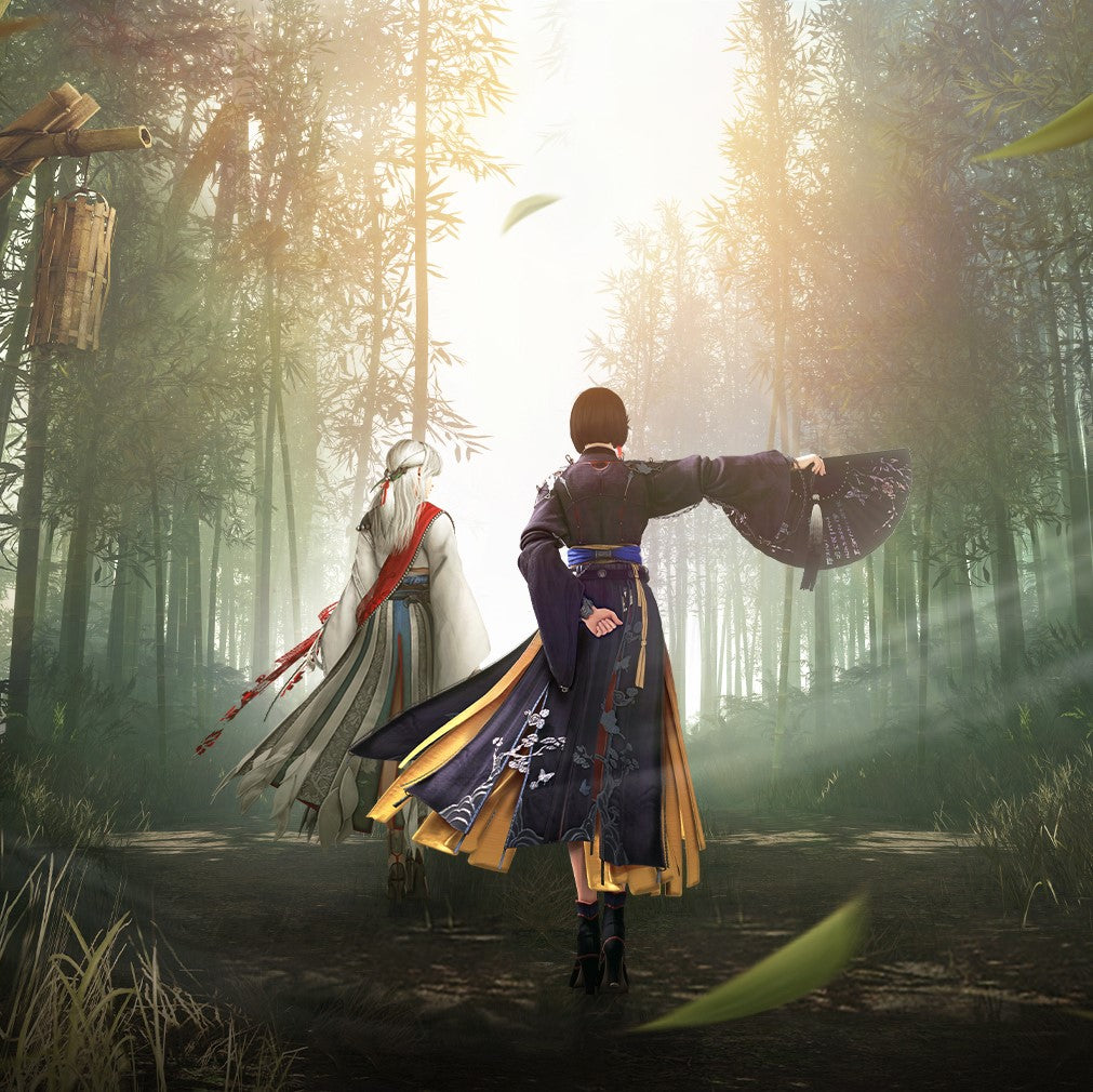Image promotionnelle en ligne HyperX et Black Desert représentant Maegu et Woosa marchant dans une forêt de bambous 2