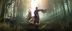 Image promotionnelle en ligne HyperX et Black Desert représentant Maegu et Woosa marchant dans une forêt de bambous