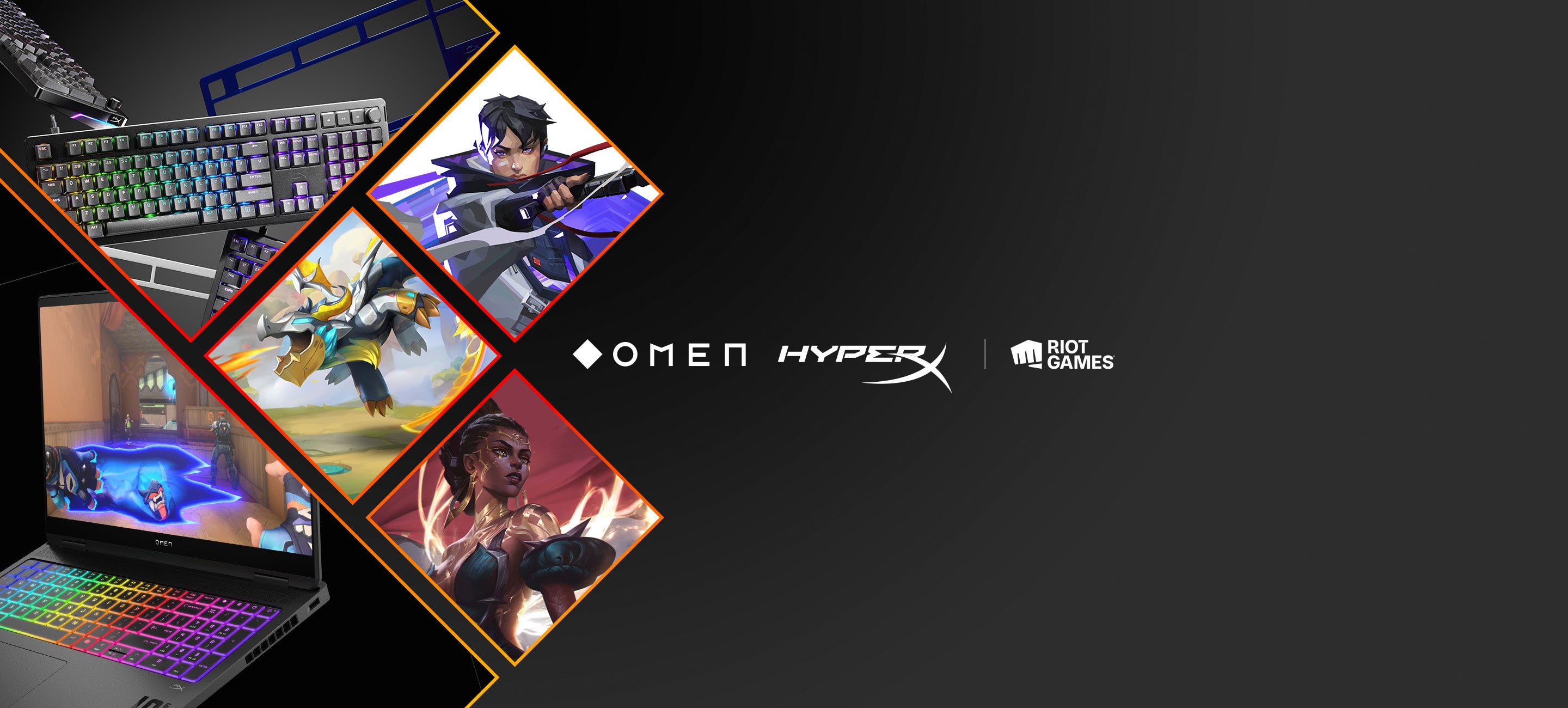 Graphique promotionnel pour Omen, HyperX et Riot Games présentant des éléments de jeu sur fond noir.