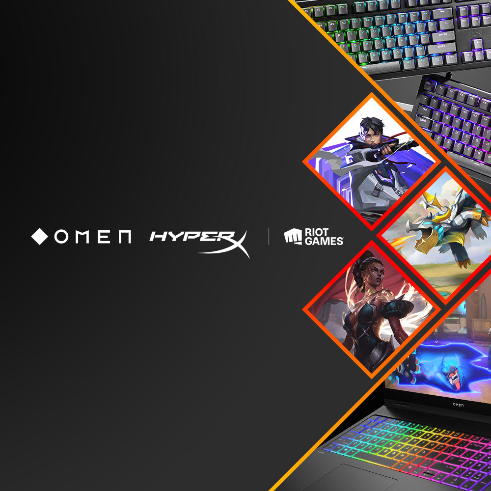 Collaboration entre Omen, HyperX et Riot Games avec des ordinateurs portables de jeu et des personnages à l'écran.